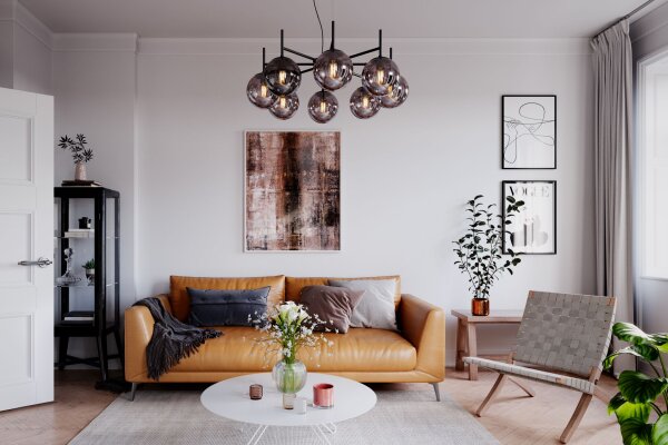 Hängeleuchte Metall Rauchglas B: 83 cm Kugel Schirm 8x E27
