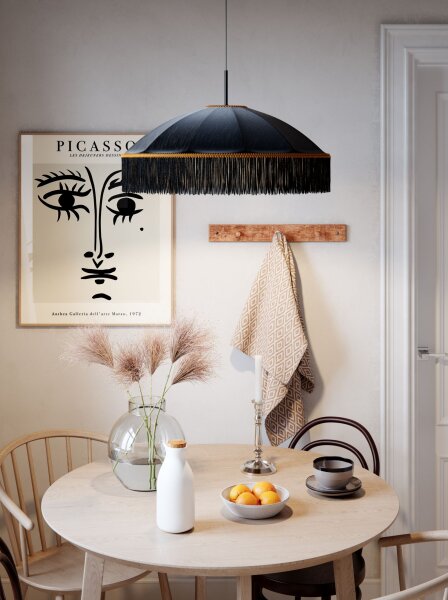Lampe à suspendre Abat-jour tissu franges D : 60 cm Noir Or E27