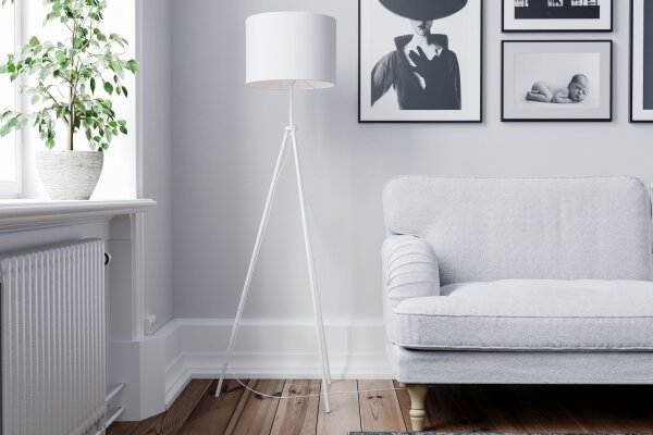 Lampadaire métal tissu 145 cm de haut Tripode blanc E27