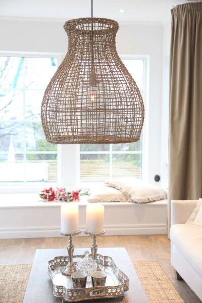 Hängelampe Korb Boho 49 cm breit E27 aus Seegras Metall