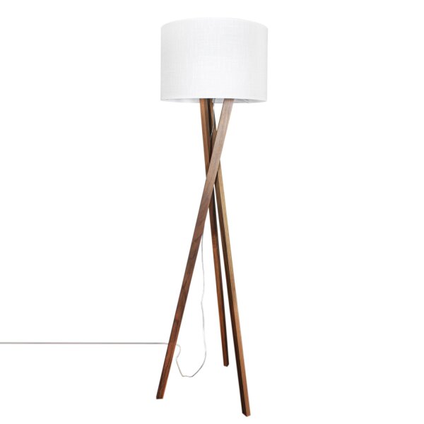 Stehlampe Dreibein 160 cm hoch Stoff Holz E27 in Walnuss Weiß