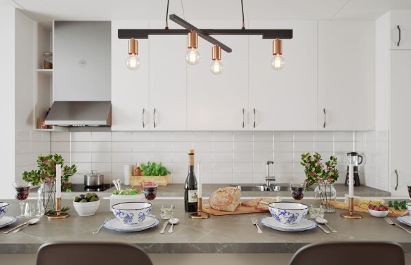 Suspension métal E27 4 flammes largeur 90 cm noir laiton