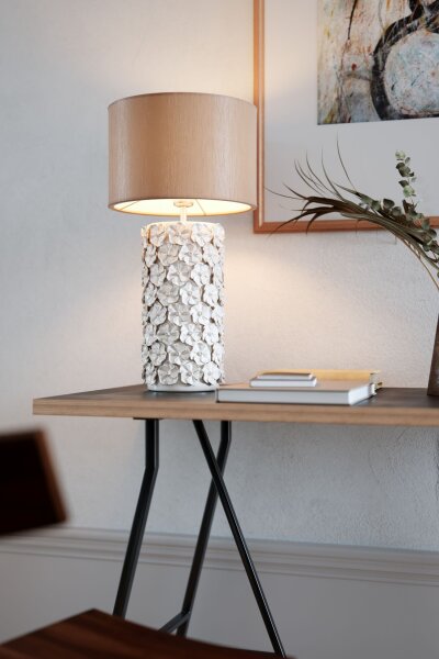 Tischlampe Keramik Stoff 54,5 cm hoch Beige E27 Floral