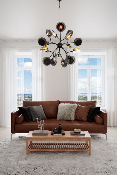 Pendelleuchte Metall Glas 80 cm breit Schwarz Gold 8x G9