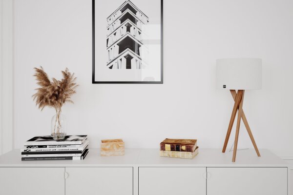 Lampe de table bois tissu 55 cm trépied chêne blanc E27