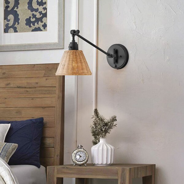 Applique murale rotin métal bras articulé pivotant E27 pour lire