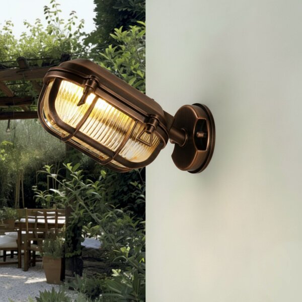 Außenlampe Wand Glas Echt-Messing E27 IP64 H: 15,5 cm
