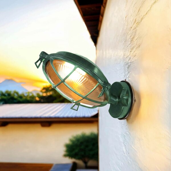 Kellerlampe Messing Glas IP64 Grün antik E27 rund