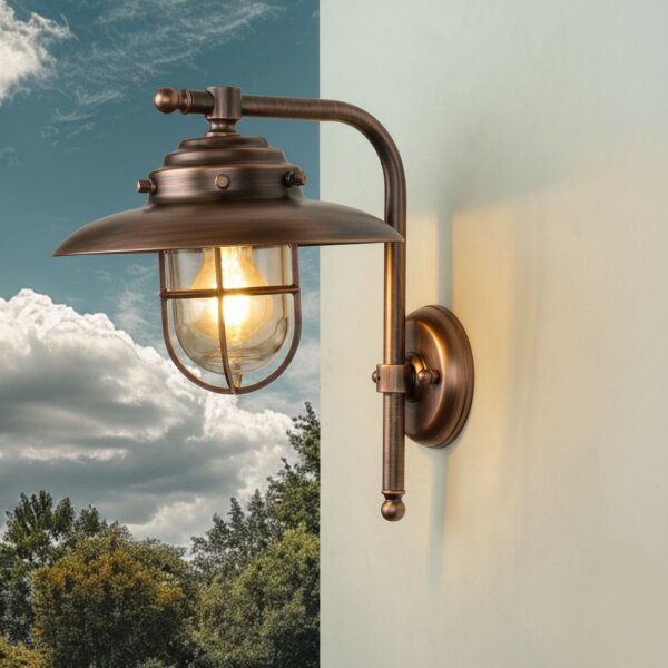 Außenwandlampe Messing Glas 30 cm hoch IP43 E27 Maritim