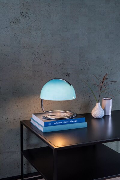 Tischleuchte Metall Glas Chrom Blau 25 cm E27 blendarm