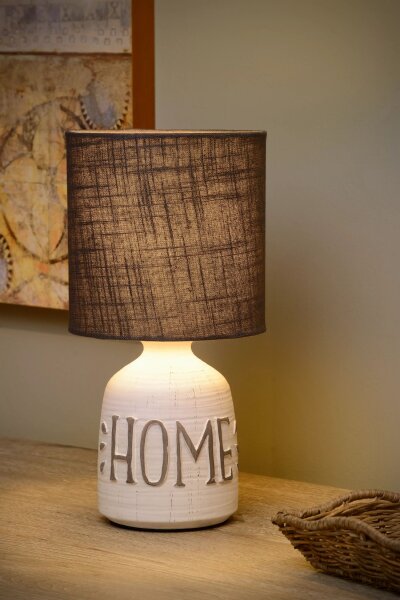Tischlampe Keramik Stoff Weiß Taupe E14 32,5 cm Gravur