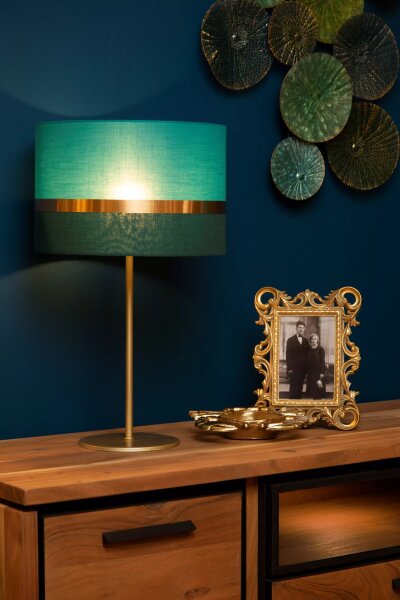Tischlampe Stoffschirm Grün Gold 50 cm E14 blendarm
