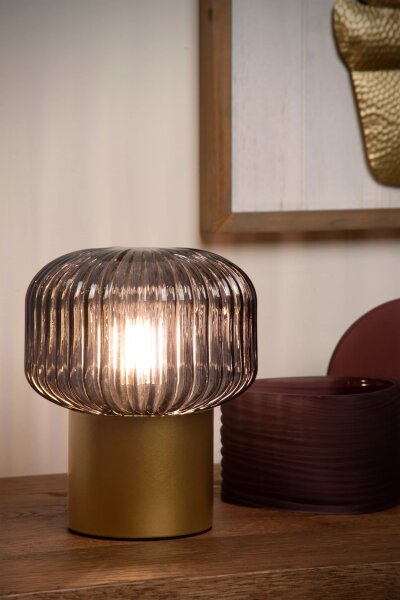Tischlampe Rauchglas geriffelt Metall Gold 18 cm E14