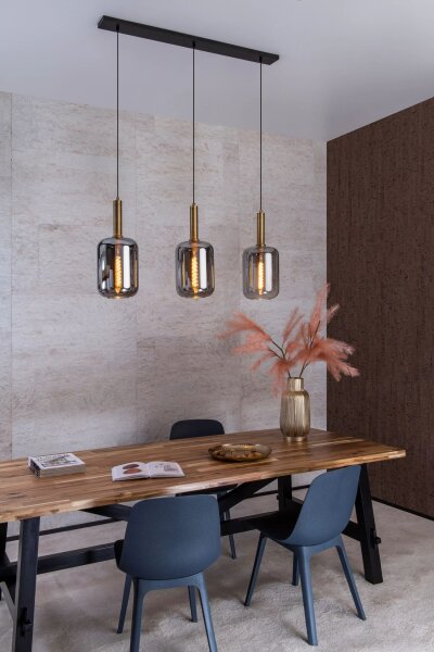 Pendelleuchte Rauchglas Metall 110 cm lang 3-flmg E27