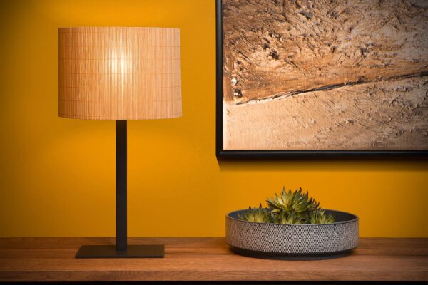 Runde Tischlampe Bambus Metall Schwarz E27 52 cm hoch