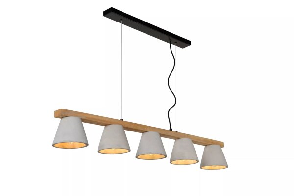 Pendelleuchte Beton Holz Grau E14 110 cm 5-flammig