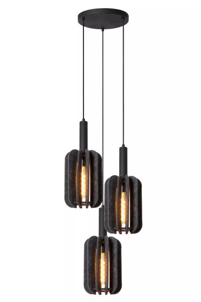 Hängelampe Filz Metall Grau Schwarz E27 B:50 cm 3-flmg