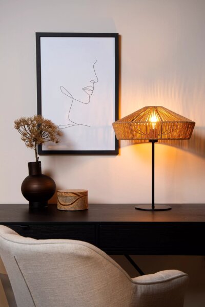 Runde Tischlampe Papier Natur Schwarz E27 50 cm