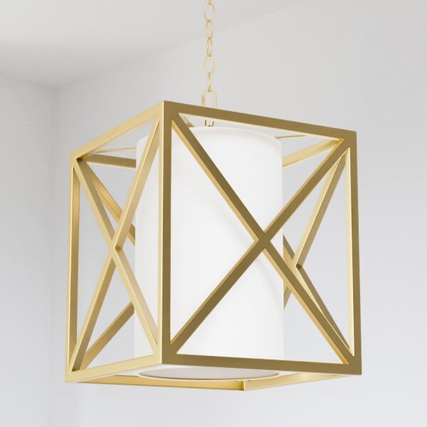 Hängelampe Metall Stoff B: 35 cm in Gold Weiß eckig E27