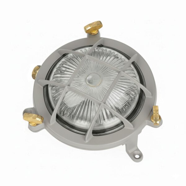 Kellerlampe Echt-Messing Glas G9 IP44 rund Ø 14 cm Grau
