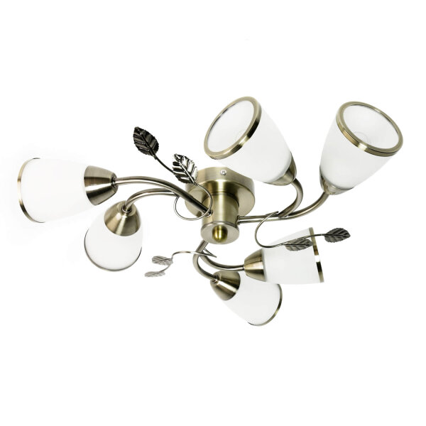 Florale Deckenlampe mit Glasschirm Weiß Bronze antik