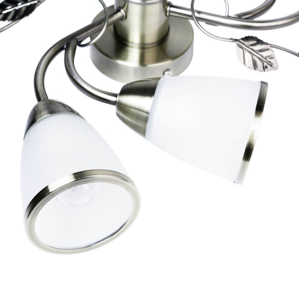 Florale Deckenlampe mit Glasschirm Weiß Bronze antik