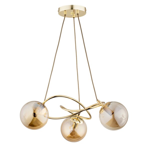 Hängeleuchte Rauchglas Metall 60 cm Gold E14 3-flammig Retro