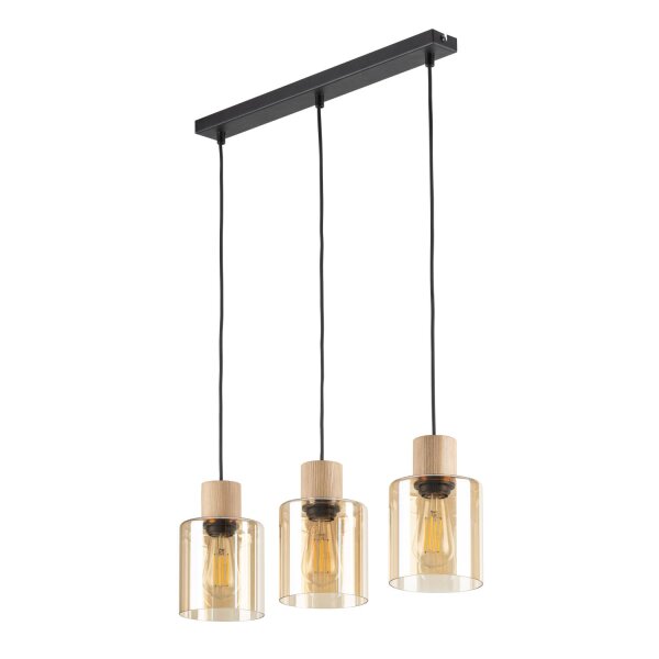 Pendelleuchte Schwarz Holz Glas in Bernstein 57 cm E27