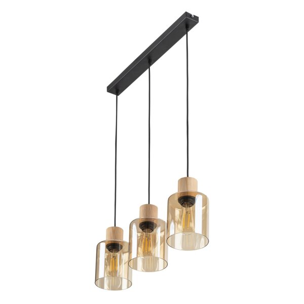 Pendelleuchte Schwarz Holz Glas in Bernstein 57 cm E27