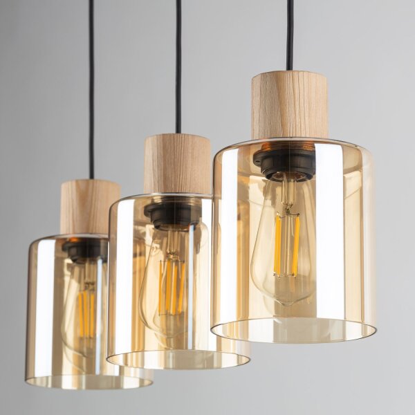 Pendelleuchte Schwarz Holz Glas in Bernstein 57 cm E27