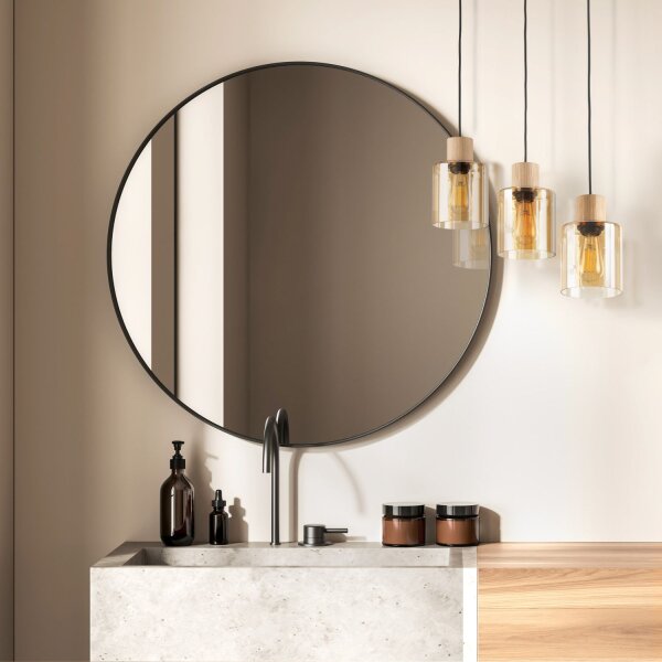 Pendelleuchte Schwarz Holz Glas in Bernstein 57 cm E27