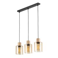 Pendelleuchte Schwarz Holz Glas in Bernstein 57 cm E27