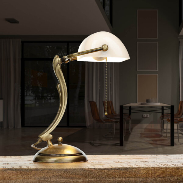 Bankerlampe Bronze aus Messing mit Schirm Weiß