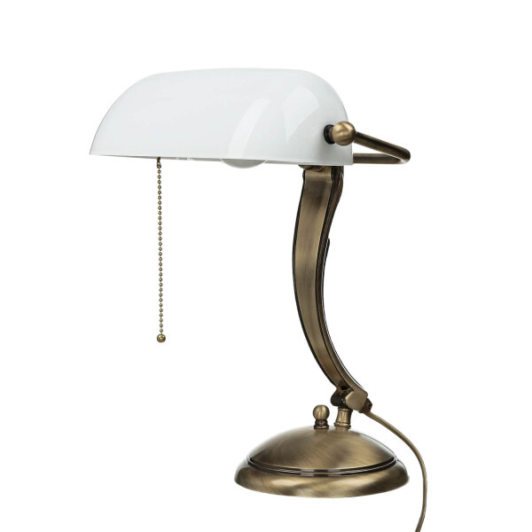 Bankerlampe Bronze aus Messing mit Schirm Weiß