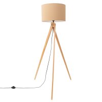 Dreibein Stehlampe Holz Stoff Beige E27 H:140 cm