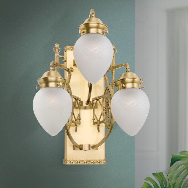 Wandleuchte Glas Echt-Messing E27 H: 56 cm 3-flammig