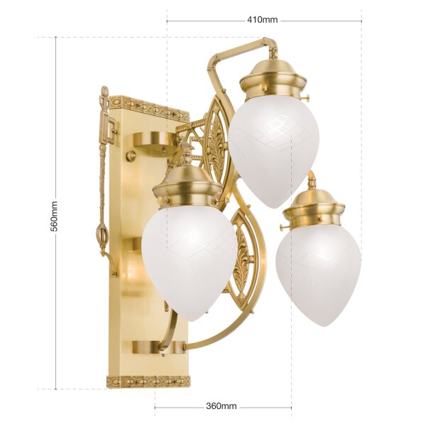 Wandleuchte Glas Echt-Messing E27 H: 56 cm 3-flammig