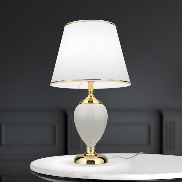 Tischlampe Keramik Stoff E27 48 cm in Weiß Gold HELENA