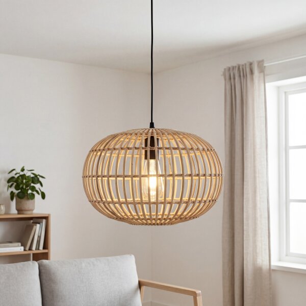 Boho Hängelampe Bambus Schwarz Metall E27 Ø40 cm rund