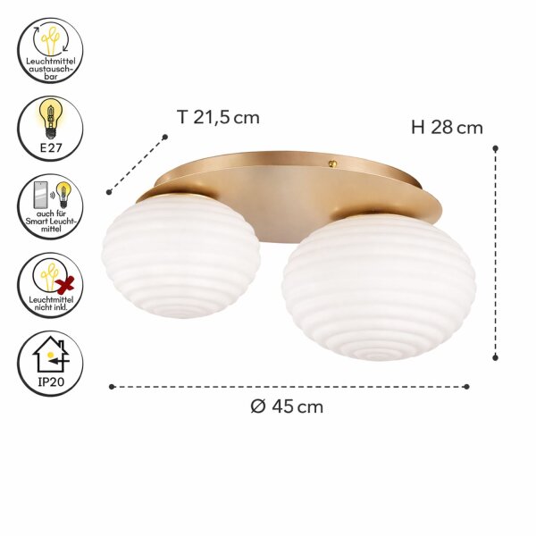 Deckenleuchte Glas Metall Gold E27 45 cm 2-flammig