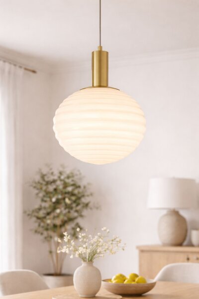 Hängelampe Glas Metall Ø32 cm rund E27 Gold Weiß