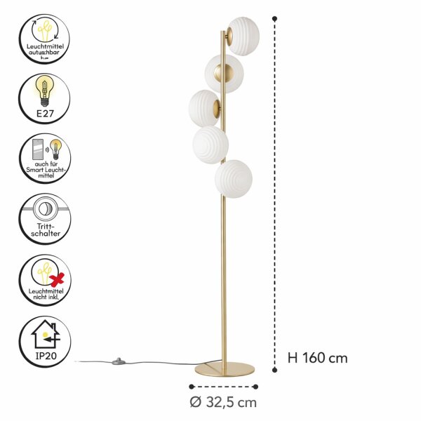 Stehleuchte Gold Weiß Metall Glas Schalter 160 cm E27