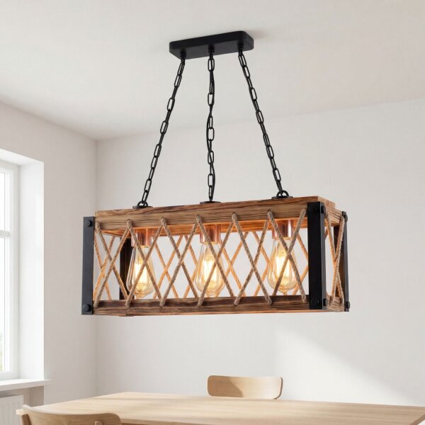 Pendelleuchte Holz Metall E27 H: max. 80 cm 3-flammig