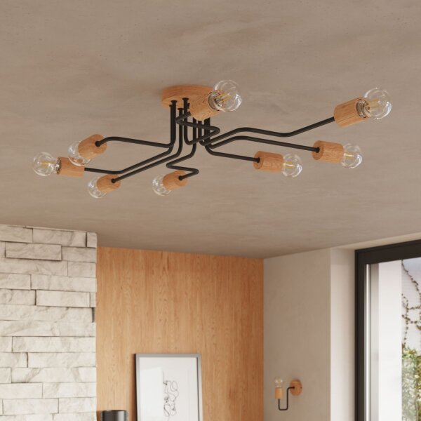 Deckenleuchte Stahl Holz Schwarz E27 B:85 cm 6-flammig
