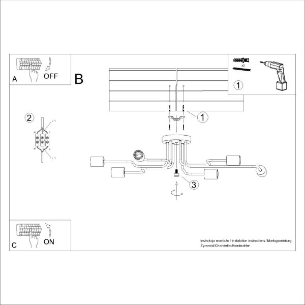 Deckenleuchte Stahl Holz Schwarz E27 B:85 cm 6-flammig