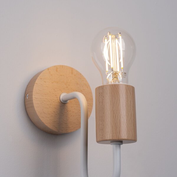 Wandleuchte mit Arm Stahl Holz Weiß E27 H:18 cm