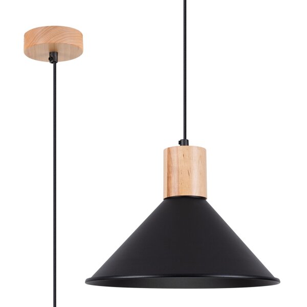 Hängelampe Holz Stahl Schwarz E27 rund Ø30 cm Esstisch