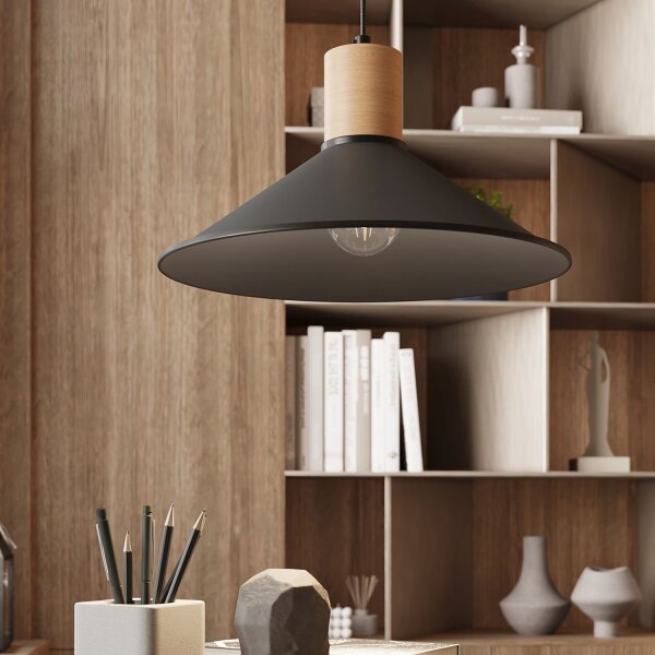 Hängelampe Holz Stahl Schwarz E27 rund Ø30 cm Esstisch
