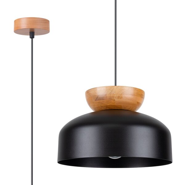 Runde Hängelampe Schwarz Holz Stahl E27 Ø30 cm wohnlich