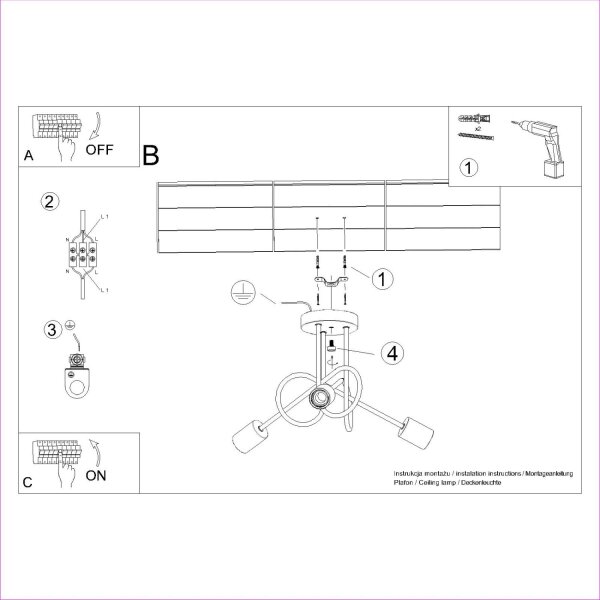 Deckenleuchte Holz Stahl Schwarz E27 L:56 cm 3-flammig